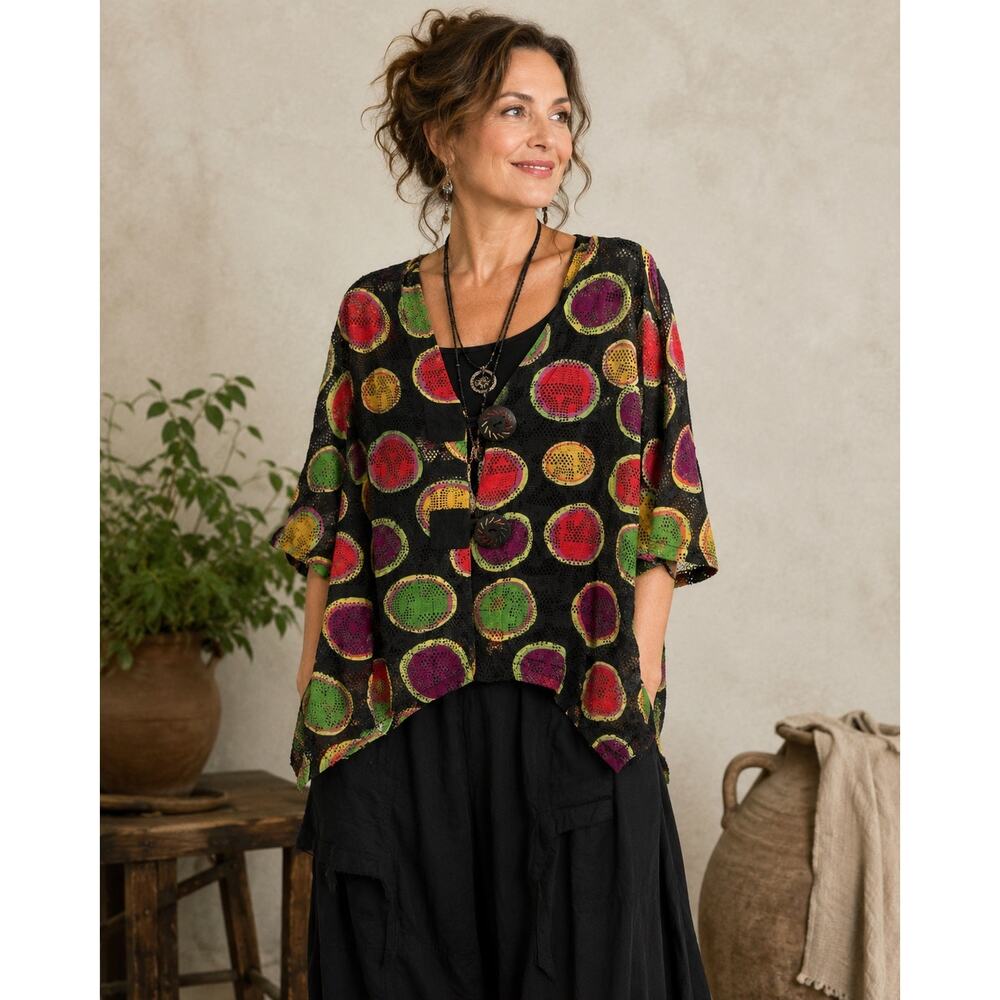 Kaktus Multi Circle Art to Wear Boho Mesh Asymmetrical Lagenlook Top XL Women’s